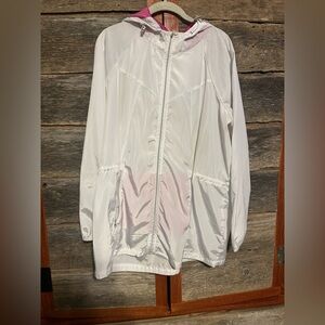 White Zip-Up Windbreaker Jacket Size 2X  Pink Accents Adjustable Cinched Waist